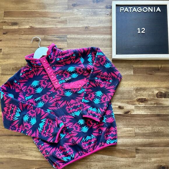Patagonia Fushia Navy Teal Lightweight Synchilla Fleece Aztec Snap-T Pullover 12 - Picture 1 of 8